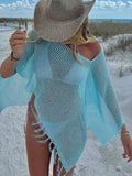 Purpdrank  Summer Slant Neck Batwing Sleeve Loose Women's Top Sexy Hollow Holiday Irregular T-shirt Tassel Splicing Solid Knitted Cover Up