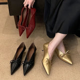 Purpdrank  New Designer Pointed Toe Low Heels Pumps for Women Bowknot Shallow Soft Leather Dress Shoes Luxury Brand Comfort Loafers Shoes