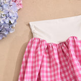 Purpdrank  Sweet Pink Checkered Plaid Bubble Skirt Sets Women 2025 Summer Fashion Two Piece Bowknot Printed Tees and Mini Tutu Skirt Suits
