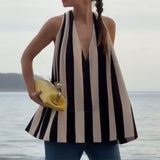 Purpdrank  Chic V-neck Backless A-line Stripe Loose Vests Fashion Women Sleeveless Top 2025 Casual Holiday Female Halter Tops High Street