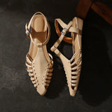 Purpdrank   Summer Women Sandals Genuine Leather Shoes for Women Pointed Toe Chunky Heel Shoes Elegant Cover Toe Slingback Hollow Sandals