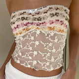 Purpdrank  Women's Sweet Sexy Short Tube Top Sleeveless Off Shoulder Floral Embroidery See-through Casual Party Summer Top