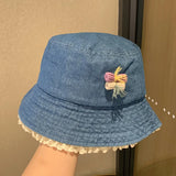 Purpdrank  Women Girls Denim Bucket Hats Spring Summer Wide Brim White Lace Trim Sun Protection Cap for Outdoor Beach Fashion Fisherman Hat