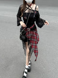 Purpdrank  2000s Aesthetic Elegant Women 2 Piece Set Y2k Gothic Irregular Design Tops + Plaid Skirt Female Korea Style Retro Chic Outfits