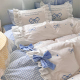 Purpdrank  Korean Princess Style Lace Ruffles Plaid Patchwork Bow Embroidery 100% Cotton Bedding Set Duvet Covers Bed Sheet Pillowcases