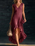 Purpdrank  Elegant Cotton Sleeveless Long Dresses For Women  Summer Solid Color V-neck  Party Maxi Dress Casual