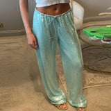 Purpdrank  Fashion  Sequin Wide Leg Pants Women Casual Loose Lace Up Low Waist Straight Trousers 2025 Summer Lady Vintage High Street Pants