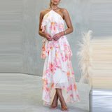 Purpdrank  Floral Print Off Shoulder Women's Beach Dress Summer Sweet Backless Party Dresses Stacked Ruffle Edge Design Holiday Long Dress