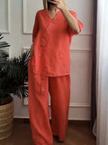 Purpdrank  Summer Fashion New Women's Elegant Cotton and Hemp Two Piece Set V-neck Loose Top Wide Leg Pants Commuter Set