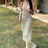 Purpdrank  French Style Summer Long V-Neck Floral Print Dress Women's Empire Waist Slim Fit Chiffon Dress Ankle Length Sleeveless