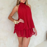 Purpdrank  Women Fashion Hight Waist Puffy Short Dress Elegant Lace-Up Solid Color Vacation Dresses Sexy Halter Backless Hollow Cake Dress