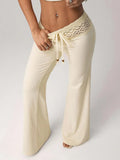 Purpdrank  Women Elastic Waist Lace Slightly Flared Casual Pants Slim-fit Strap Up High Waist Bell-bottom Solid Color Comfort Splice Pants