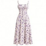 Purpdrank  Women's Floral Print Spaghetti Strap Maxi Dress Slim Fit Tie Front Ruched Vintage Boho Dresses Holiday Vacation Summer Sundress
