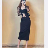Purpdrank  Summer New Style French Square Neck Niche Gauze Sleeve Splicing Dress Sexy and Versatile Little Black Vintage Dress