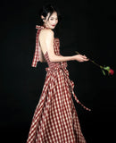Purpdrank  Vintage Plaid Long Dress Women Vacation Beach Sexy Halter Floral Maxi Dresses Summer Korean Backless Bodycon Vestidos New
