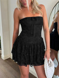 Purpdrank  Black Knot Front Sexy Tube Dress Women's Summer 2025 New Elegant Cute Style Layered Ruffle Hem Short Dresses