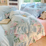 Purpdrank  Flower Skin-friendly Washed Cotton Bedding Set Duvet Cover Set Korean Lace Ruffles Quilt Cover Soft Cover Bed Linen Pillowcases