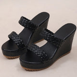 Purpdrank  Women's Retro Thick Bottom High Heel Sandals Woven Patent Leather Wedge Sandal Female Office Ladies Non Slip Black Slides Mujer