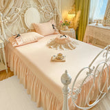 Purpdrank  100% Cotton Korean Princess Style Three-layer Ruffles Bow Bedding Set Duvet Cover Bed Skirt Bedspread Pillowcases Wedding Gifts