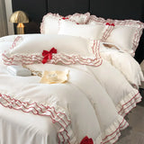 Purpdrank  Korean Style Lace Ruffles Princess Bedding Set, Duvet Cover, Bed Skirt, Fitted Sheet, Flat Sheet, Pillowcases, Black Bow, White