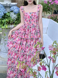 Purpdrank  Flower Printed Pleated Waist A-line Dress Sweet Beach Chiffon Fragmented Pink Strap Dresses Fashionable Cake Vestidos Fairy