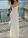 Purpdrank  French Elegant Mesh Lace Dress Woman White Outfits Summer Spaghetti Strap Backless Fishtail Long Dresses