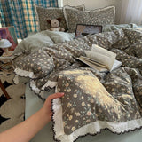 Purpdrank   Korean Pure Cotton Floral Bedding Set Luxury Skin-Friendly Quilt Cover Kit with Fitted Sheet Four Seasons Soft Lace Bedclothes