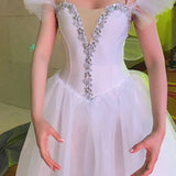 Girls Ballet Tutu Dress Gymnastics Leotard White Long Ballet Dresses Girls Princess Ballerina Dance Costume Birthday Party Dress