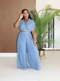 Purpdrank  Elegant Fashion Vacation Casual Outfits Women Two Piece Set Turn-down Collar Crop Top and Wide Leg Pants Matching Sets Birthday