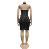 Hot Rhinestones Sheer Mesh Bodycon Midi Women Dress Feather Front Halter Sleeveless Vestidos Clubwear Sexy Party Even Dresses