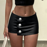 Purpdrank  Sexy Pu Leather Asymmetrical Super Mini Skirts With Shorts Y2K Slim Low-Wiasted Button Bodycon Skirts Women Summer Fashion