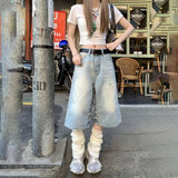 Purpdrank  Vintage High Waist Loose Wide Leg Jeans with Ripped Holes Retro American Style Loose Straight Denim Capri Pants for Women