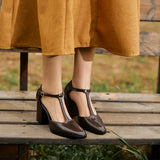 Purpdrank  New Fashion Lacquer Leather T-shaped Pumps Round Toe Square Heel Straw Shoes French High Heels One Button Baotou Sandals