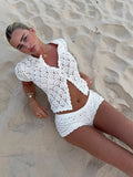 Purpdrank  Sexy Hollow Out 2 Pieces Set For Woman Casual Single-breasted Short Sleeve Top Mini Skirt Summer Holiday Knitted Lady Suit 2025