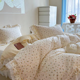 Purpdrank  Korean Princess Style Lace Ruffles Floral Bedding Set 100% Cotton Duvet Cover Bed Sheet/Fitted Sheet/Bed Skirt Pillowcases 3/4Pc