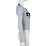 Purpdrank  Spring Grey Women's T-shirt V-Neck Long Sleeves Letter Print Crop Top Casual Fashion T Shirt Female Streetwear Sexy Cropped Tops