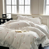 Purpdrank  100% Cotton French Small Fresh Floral Embroidery Lace Ruffles Bedding Set Duvet Cover Set Flat/Fitted Bed Sheet Pillowcases 4Pcs