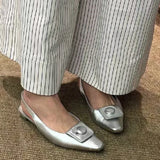 Purpdrank  Silver Square Toe Slingback Design Flat Sandals Women Summer Fashion Shallow Brand Mules Elegant Comfortable Zapatos Para Mujer