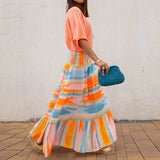 Purpdrank   Spring Summer Vacation Loose Long Skirt Elastic High Waist Hem Bohemian Women's Skirt Vintage Pattern Printed Pleated Half Skirt