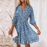 Purpdrank  Dresses Women V Neck Low Cut Boho Print Dress Ruffled Half Sleeve Dresses Summer New Fashion Chic Elegant Dress