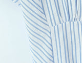 Purpdrank  Stylish Blue White Striped Lapel ollar Short Puff Sleeve Shirt Women Slim Waist Open Buttons Crop Blouse Girl's Tops