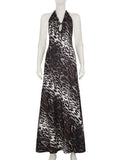 Purpdrank  Sexy Lace-up Deep V Halter Leopard Print Long Dress Women Fashion Sleeveless Backless Bodycon Mermaid Evening Party Gown