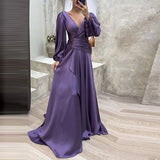 Purpdrank - Cocktail Full Length Women Hem Maxi Dress Luxury Female V-neck Waist Party Dress Elegant Lantern Sleeve Ruffle Satin Dresses