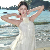 Purpdrank  French Style Halter Neck Dress with Floral Ruffles, Light Luxury Niche Gown