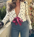 Purpdrank  Elegant Casual Women's Suit Coat with Bow Tie Decor Polka Dot Pattern Regular Sleeve Length Full Polyester Fiber