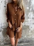 Purpdrank  Women's Casual Solid Color Cotton and Linen Shorts Long Sleeve Wrinkle Shirt Two-piece Set
