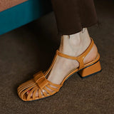 Purpdrank  New Shallow Rome Thick Med Heels Shoes Buckle Strap Genuine Leather Sandals Women Ladies Shoes Leather Gladiator Sandals