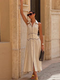 Purpdrank  Cotton Linen Contrast Dress Women Lapel Single Breasted Sleeveless Vestidos Female 2025 Spring Summer Chic High Waist Dresses