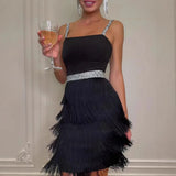 Purpdrank  Elegant Midi Tassel Skirt Date Dinner New Style Bell Sleeve Strapless Dress Black White Blue Casual Chic Women's Dress