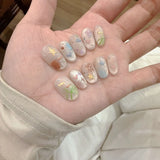 Purpdrank  10pcs Cute Cat Eye Fake Nails Spring Simple Press on Nails Removable Hand Drawn Heart Star Moon False Nails Short Oval Nail Art